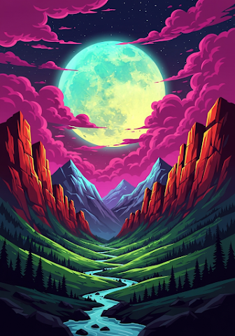 Vibrant Fantasy Mountain Valley Moon