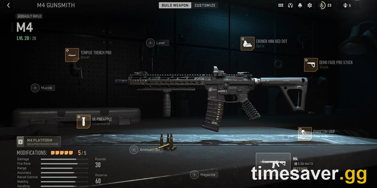 Gunsmith weapon-leveling screen — in-game-time 2XP tokens make maxing every gun and unlocking attachments far more efficient