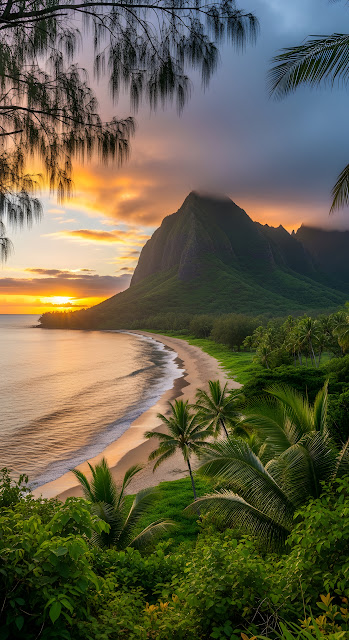 Tropical Sunset Over Secluded Hawaiian Beach Cove - Free mobile Wallpaper