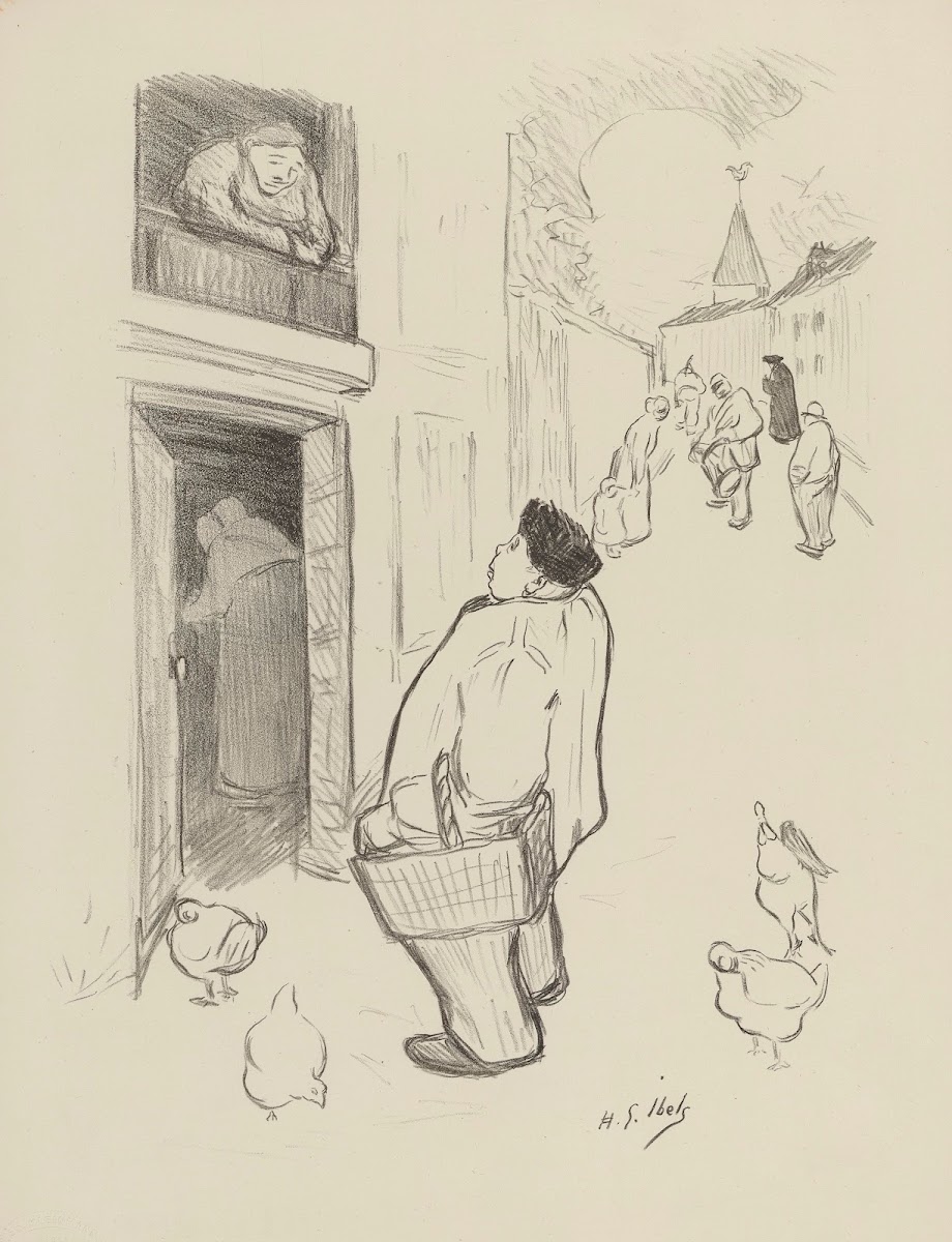 Homme dans la rue parlant avec une femme à son balcon 1895 1900