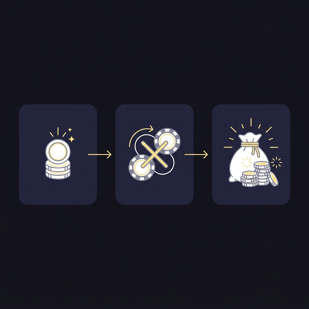 Minimalist 2D vector infographic showing how does a parlay work with three icons representing stake odds multiplication and final payout on Funded Plays dark palette