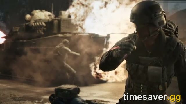 A tracked tank on fire behind an infantry soldier in a WARDOGS firefight