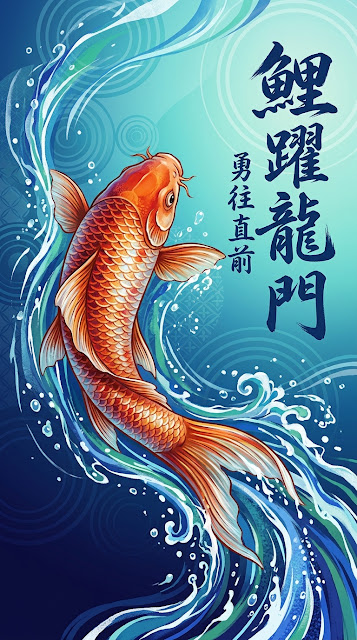 Contemporary Japanese Koi Fish Swimming Upstream with Calligraphy - Free mobile Wallpaper