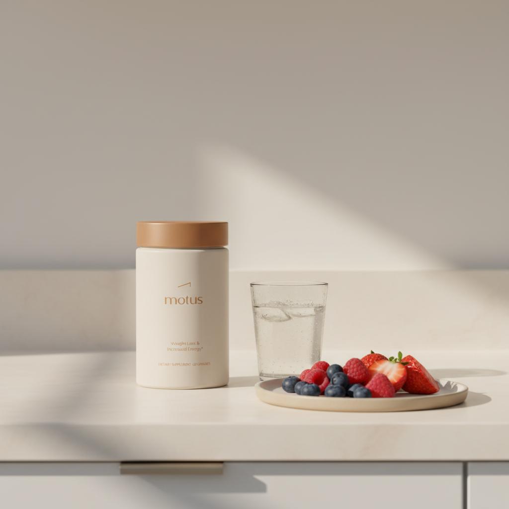 Motus bottle on tidy kitchen counter with berries and water, minimalist Tonum accents, clean scientific lifestyle — What is the new version of phentermine?