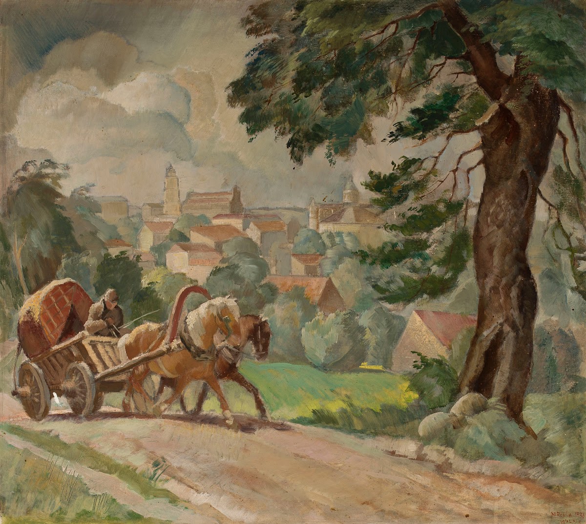 Two horse cart on the road into town 1936