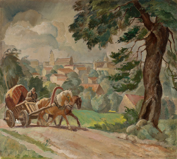 Two horse cart on the road into town 1936