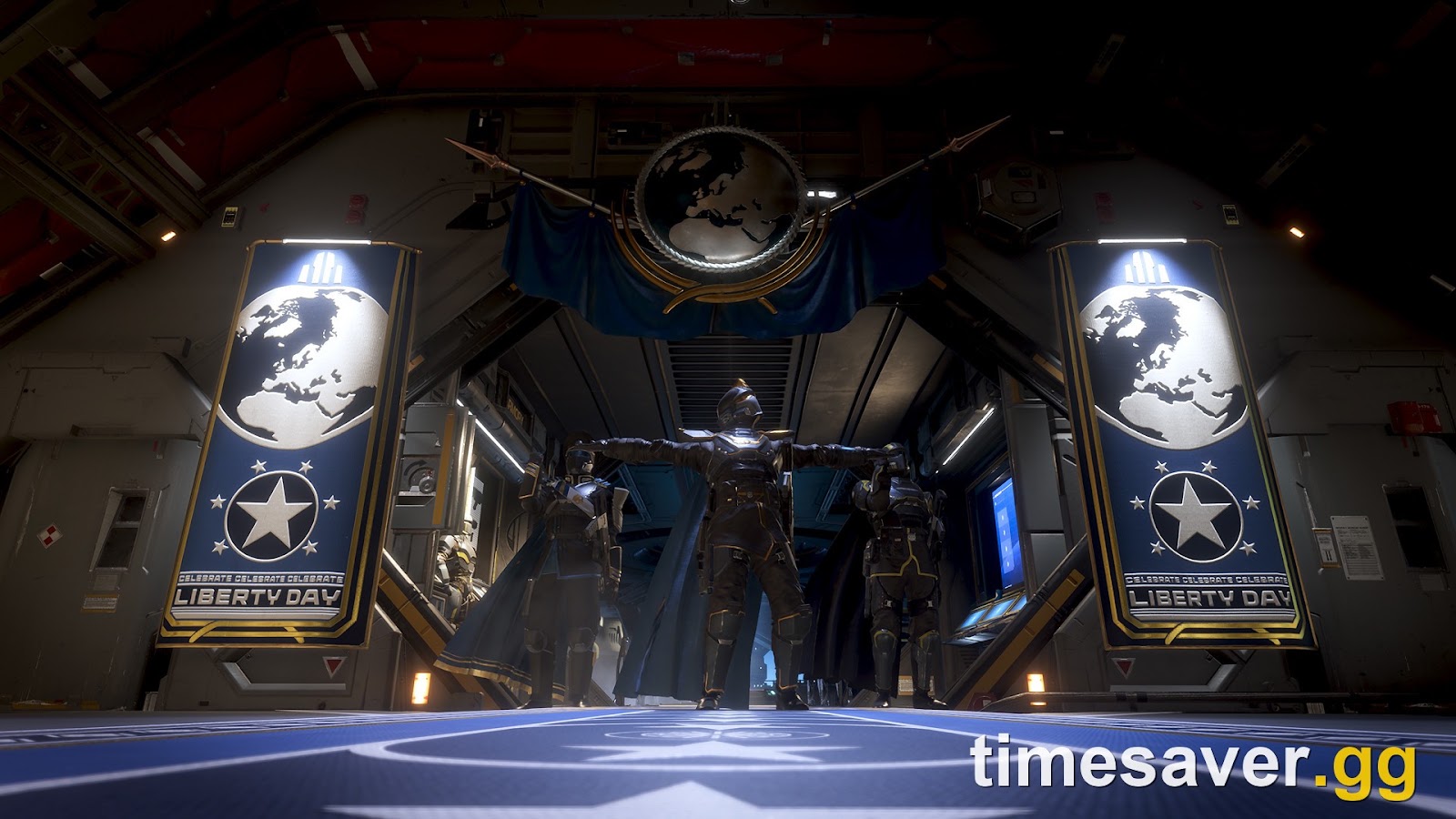 Super Destroyer hangar decorated with Liberty Day 2026 banners and a Super Earth globe