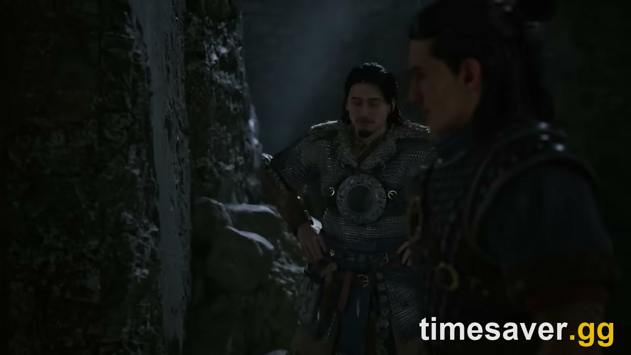 Two armored figures speak in The Blood of Dawnwalker, representing the game's branching alliances