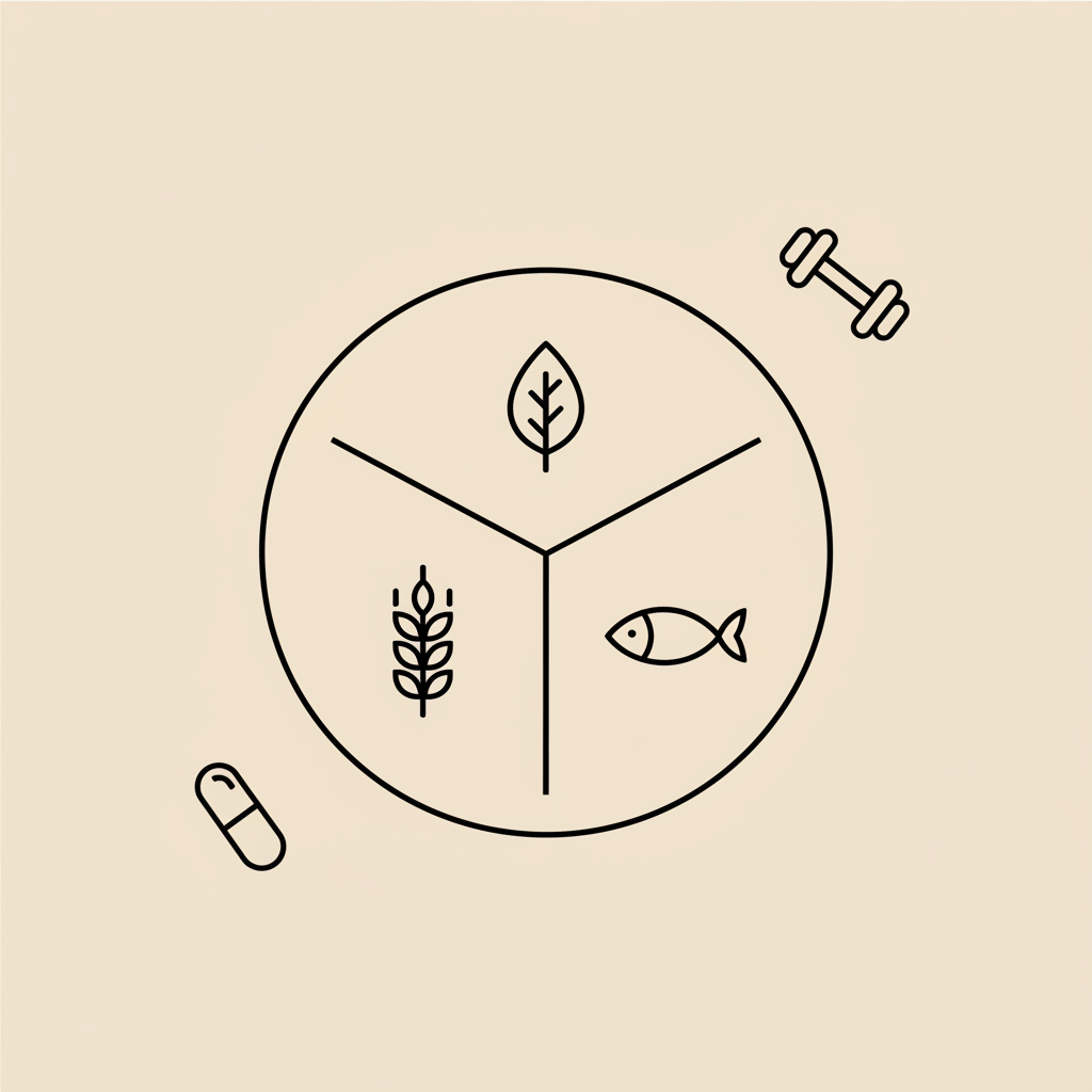 Minimal Tonum-style line illustration of a plate divided into thirds (veg, protein, carb) with a small dumbbell and capsule on beige background — 3-3-3 rule for fat loss