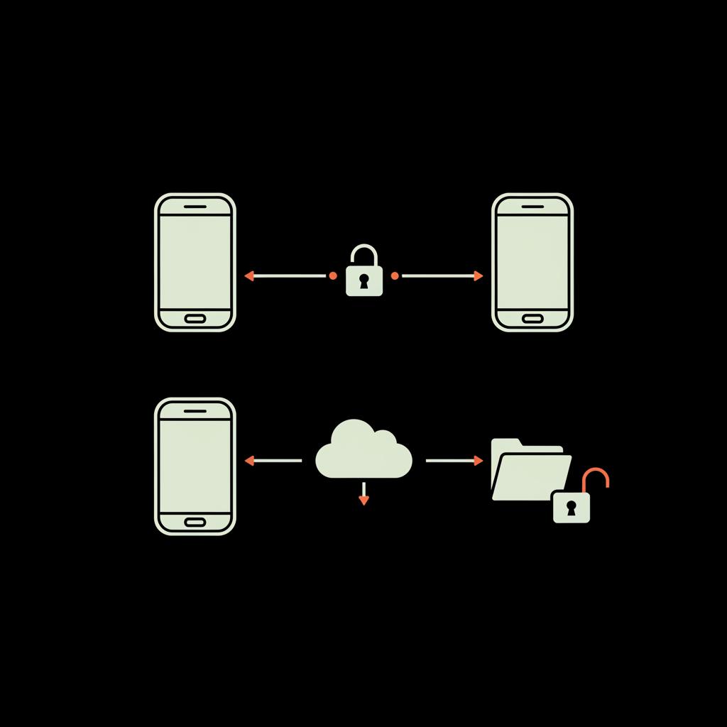 Minimal vector infographic illustrating WhatsApp Business privacy: direct phone-to-phone path with closed lock and server/cloud path with unlocked archive, using Social Success Hub colors.