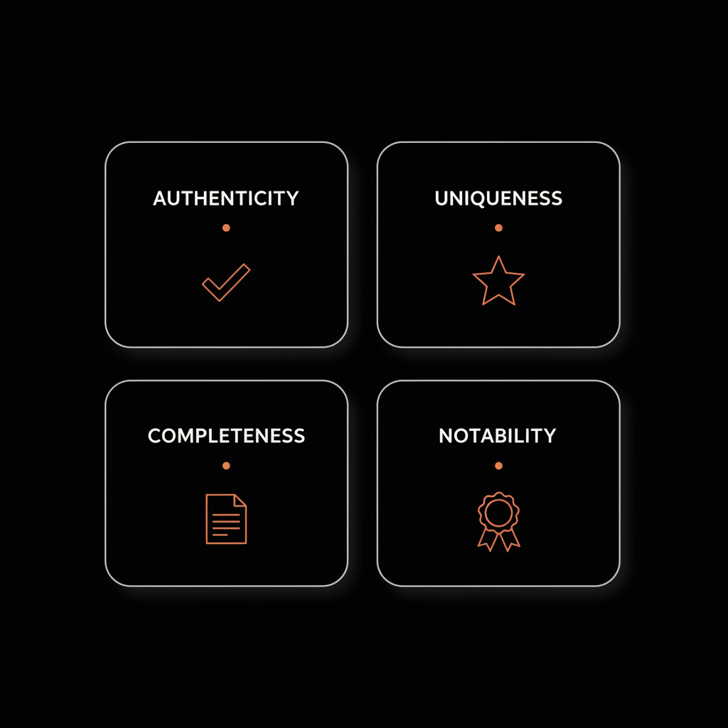 Minimal infographic for Instagram verification showing four labeled boxes: Authenticity, Uniqueness, Completeness, Notability, with simple flat vector icons on a black background
