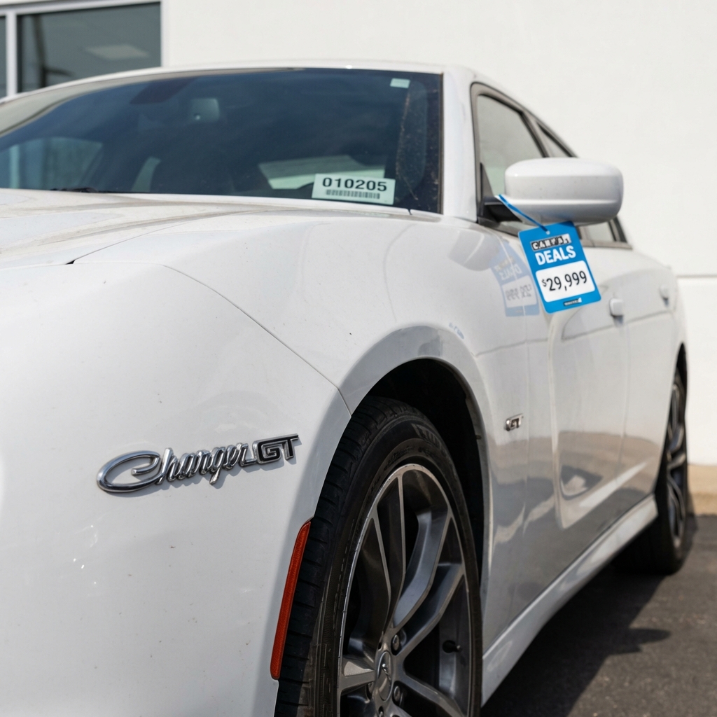 Close up of Charger GT badge and alloy wheel on a used car lot with visible VIN sticker on windshield used chargers near me