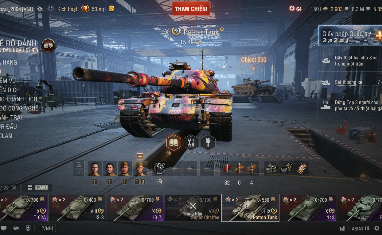 Acc World of Tanks 25 tank, gồm 5 xe cấp X (T62A, IS-7, BZ-7...