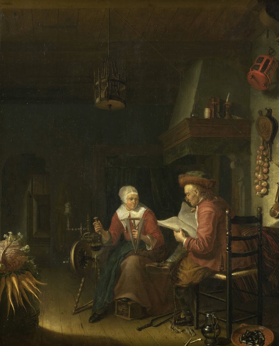 Interior with a man reading and a woman spinning yarn 1660   1676