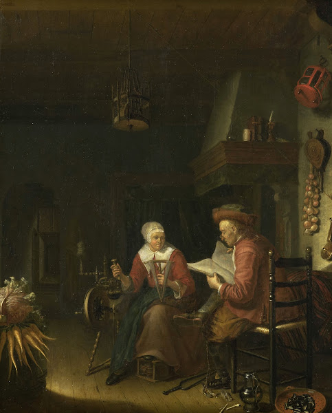 Interior with a man reading and a woman spinning yarn 1660   1676