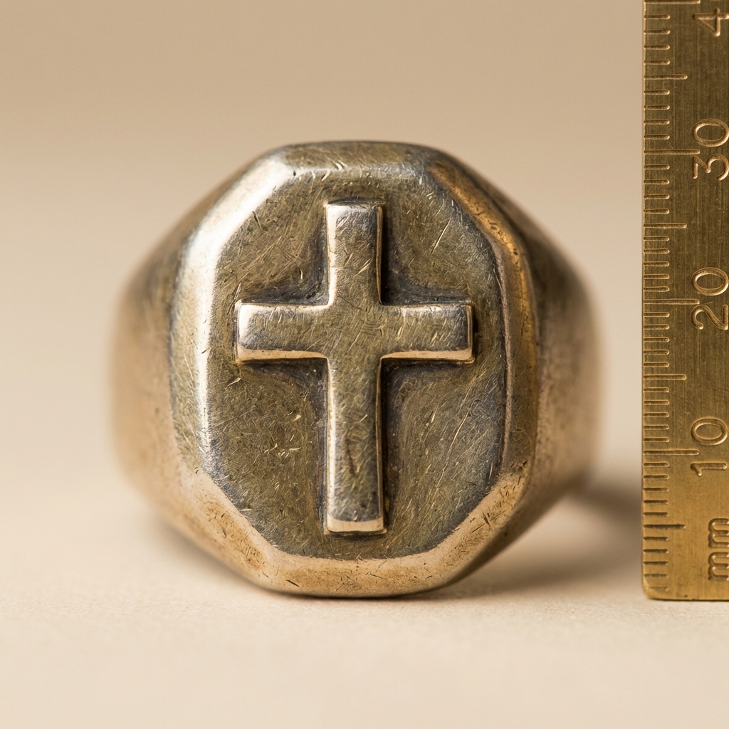 Macro photograph of a medieval crusader ring bezel showing a worn raised cross and detailed rim on a warm beige background with a small millimeter scale for size reference