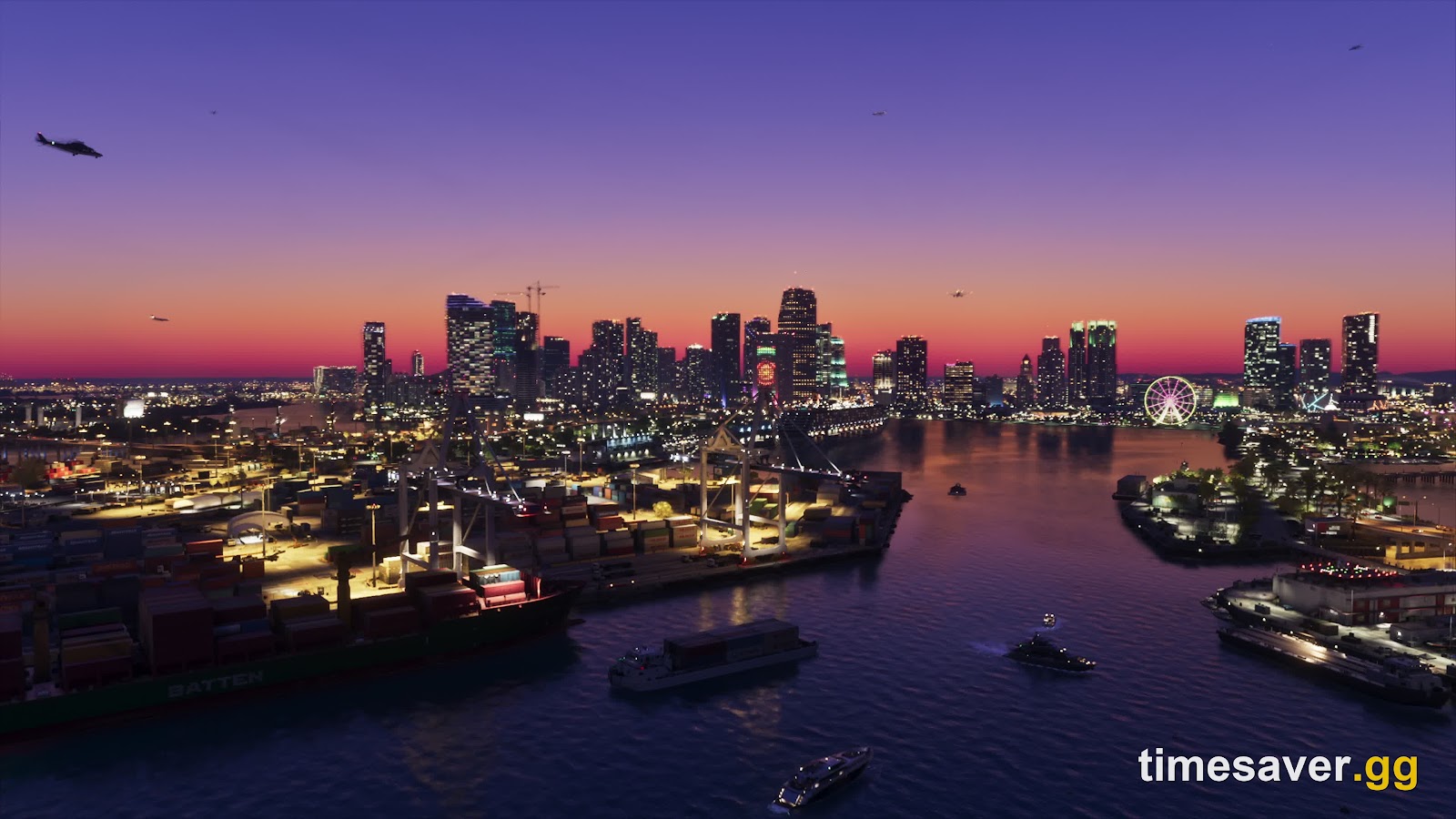 Official GTA VI screenshot of the Vice City skyline at night in the state of Leonida