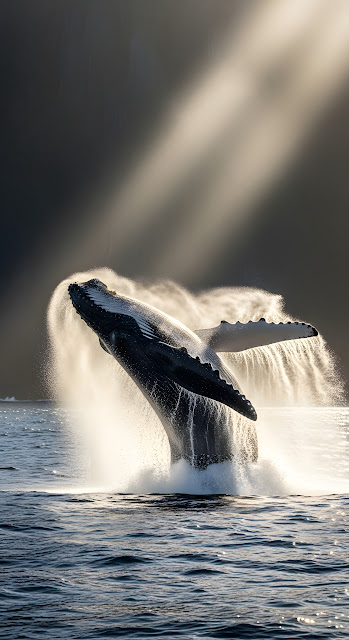 Dramatic Close-Up of a Humpback Whale Breaching in Sunlit Mist Near a Cliff Face - Free mobile Wallpaper