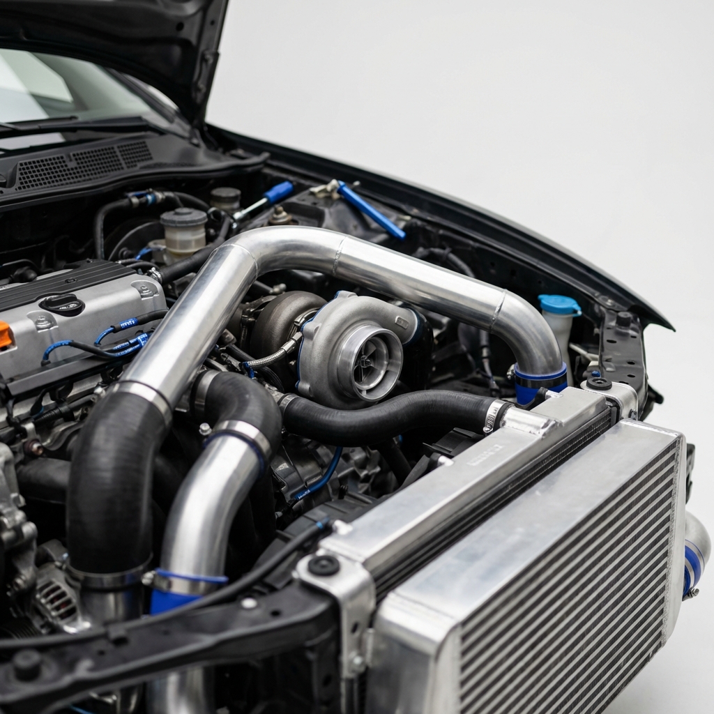 Close up of a turbocharged Honda Accord engine bay showing intercooler piping and turbo components clean well lit studio shot for honda accords for sale