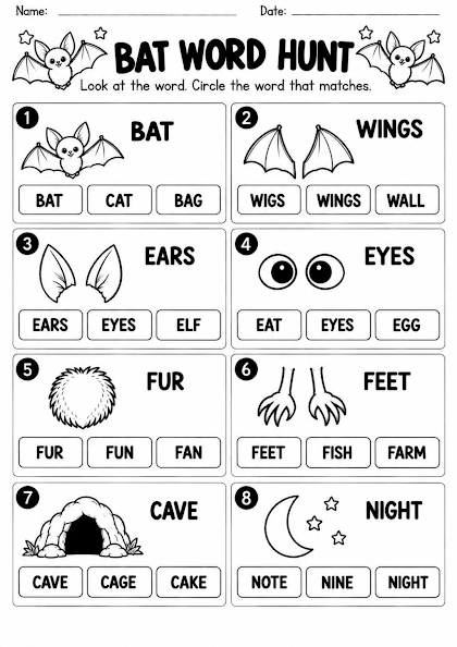Bat Word Search Picture Hunt Worksheet