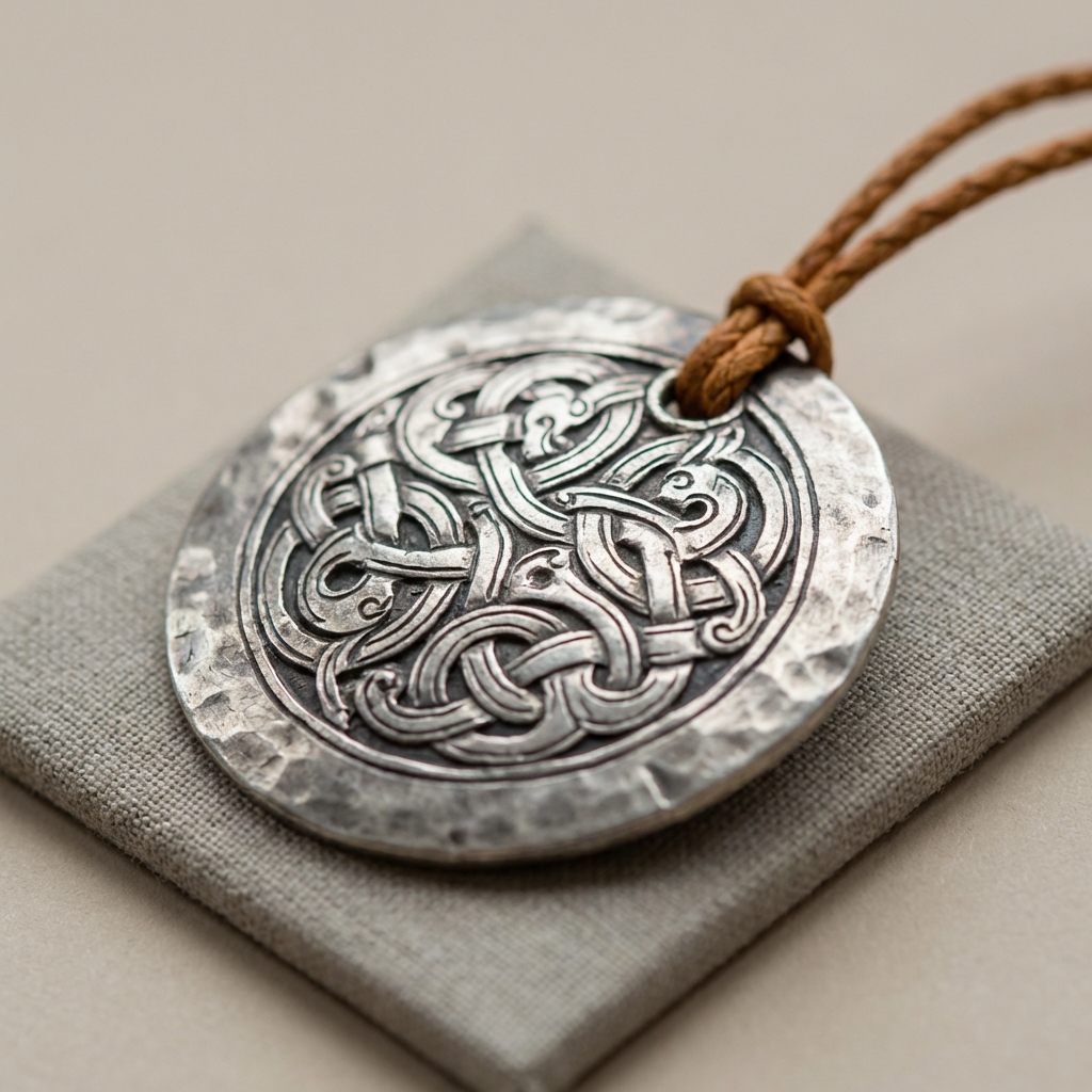 Close up macro of a silver disc brooch with animal interlace and visible tool marks on a clean beige background ede7da minimalist presentation old viking jewelry