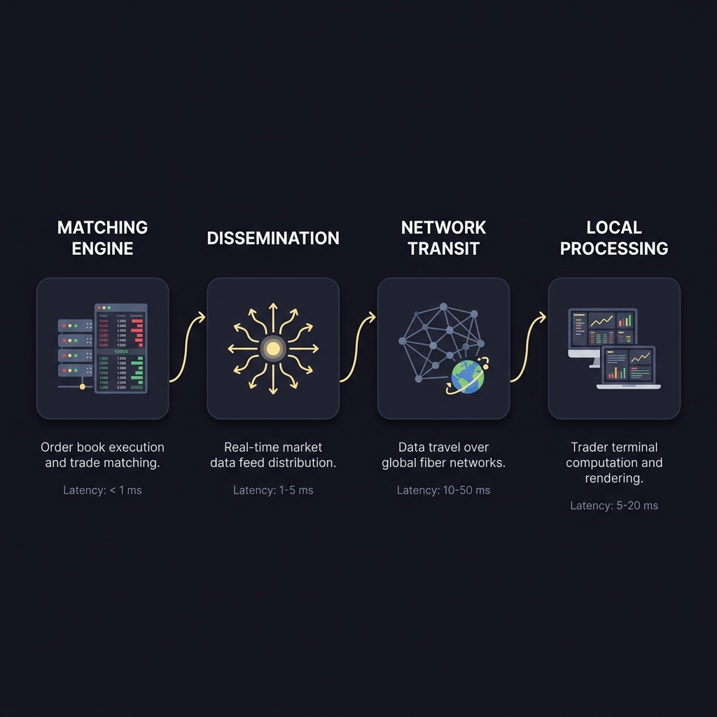 Minimalist infographic diagram of broadcast delay stages in live trading showing matching engine dissemination network transit and local processing connected by accent arrows Why Broadcast Delay Matters in Live Trading