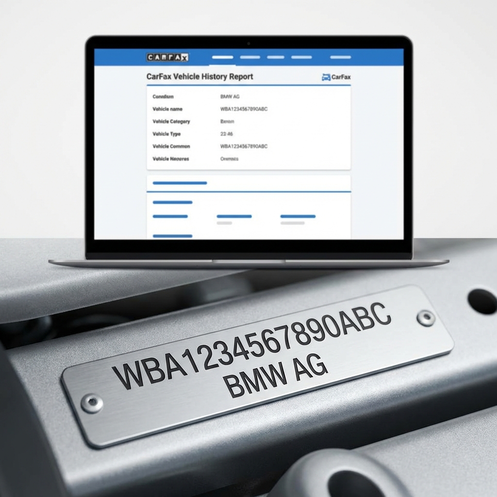 Close up of BMW VIN plate with laptop showing CarFax Deals vehicle history report on white background bmw for sale near me