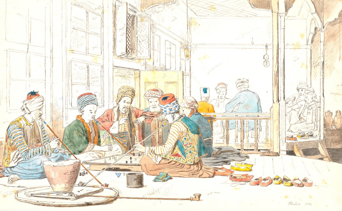 Tyrkere ved brætspil i café i Chalkis 1836