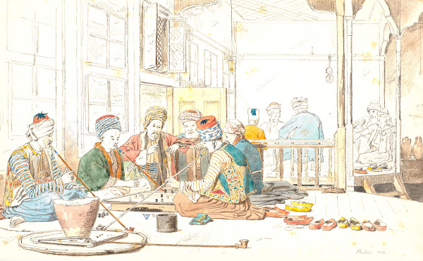 Tyrkere ved brætspil i café i Chalkis 1836