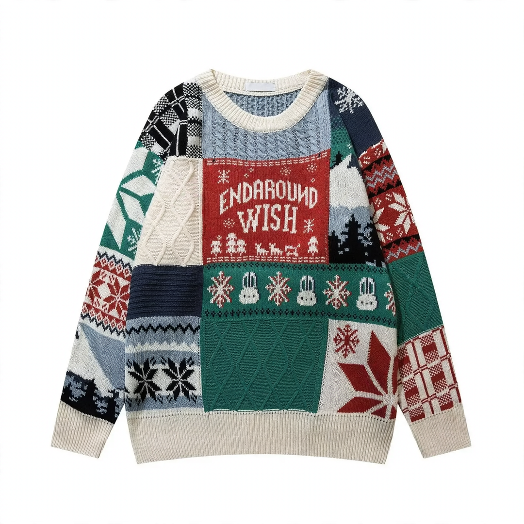 Retro knit sweater with cable pattern and bunny application