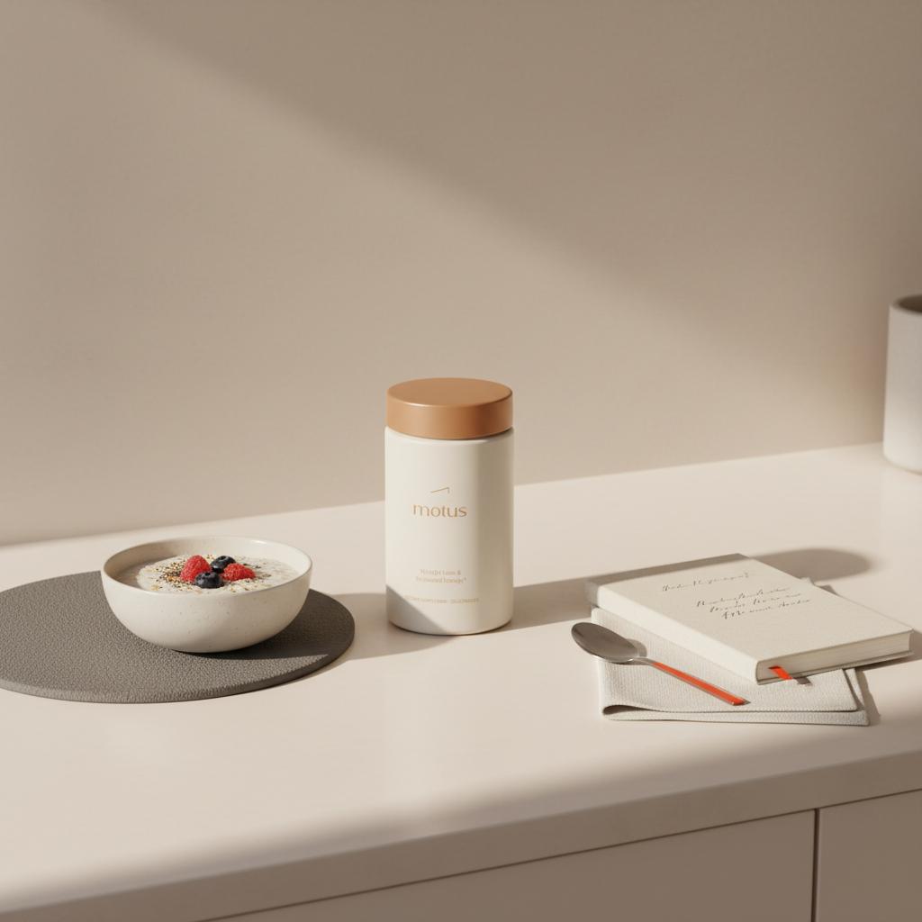 Motus supplement jar on a kitchen counter next to a bowl of oatmeal and a notebook in a minimalist Tonum scene, promoting creatine while cutting and sustainable weight loss.