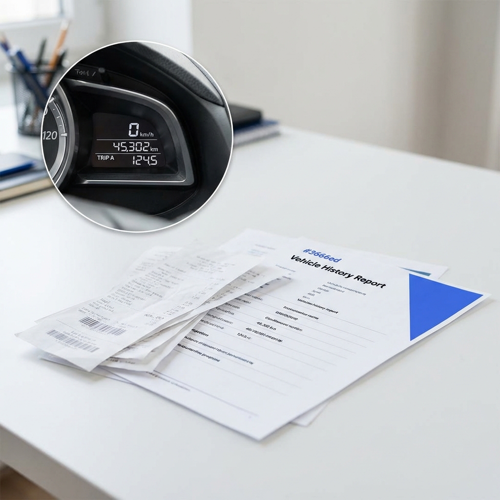 Close full frame photo of a car dashboard and odometer with service receipts and a printed VIN report on a white table showing how much is my used car worth