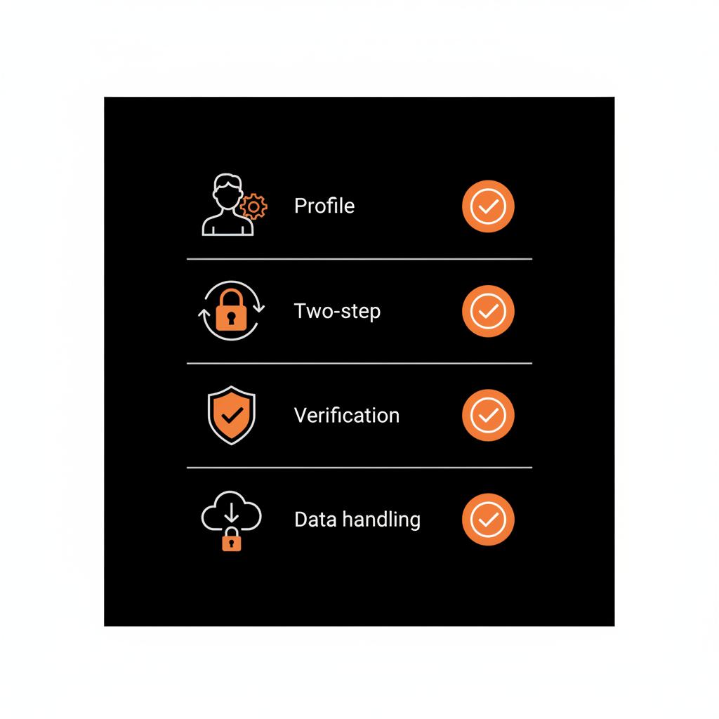Minimal checklist infographic with icons for Profile, Two-step, Verification, Data handling representing a protected business account in WhatsApp