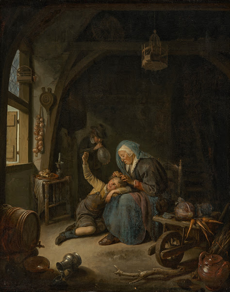 A cottage interior with an old woman Rembrandts Mother delousing a boys hair