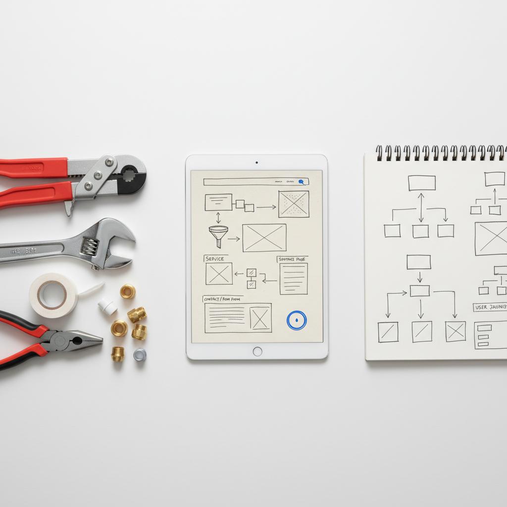 Top-down view of a clean workbench with plumbing tools and a tablet displaying hand-drawn wireframe and sitemap sketches illustrating how to make a plumbing website, no people.