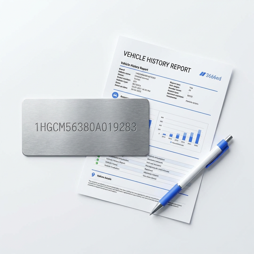 Close up of a VIN plate and printed vehicle history report on a white table with a pen for scale chevy suburban for sale subtle CarFax Deals blue accents
