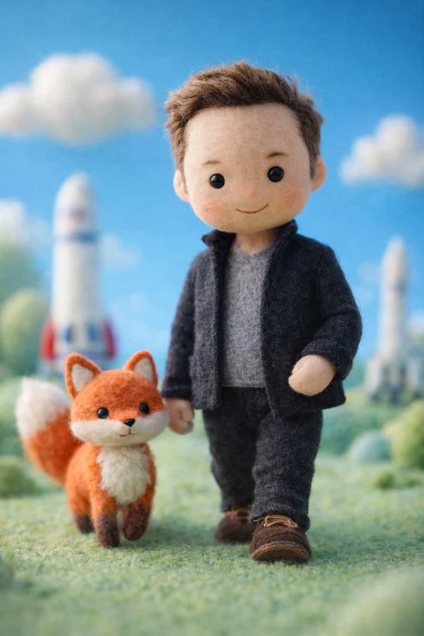 Miniatura de fieltro hecha a mano que ilustra a una celebridad como una muñeca de lana suave.