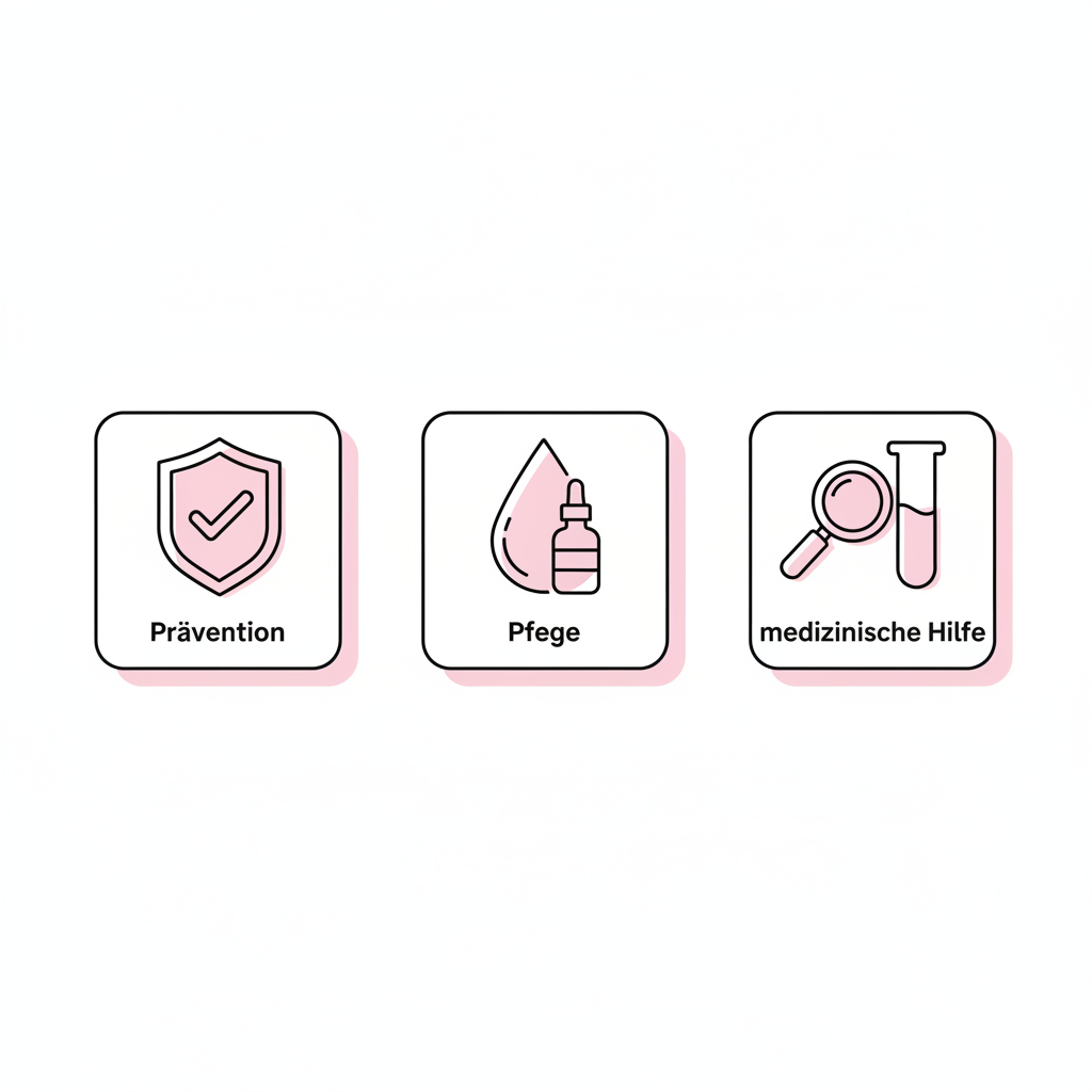Minimalistische 2D-Vektor-Infografik mit drei Icons (Schild für Prävention, Tropfen/Ölflasche für Pflege, Lupe+Reagenzglas für medizinische Hilfe) zu Spaltnägel behandeln.