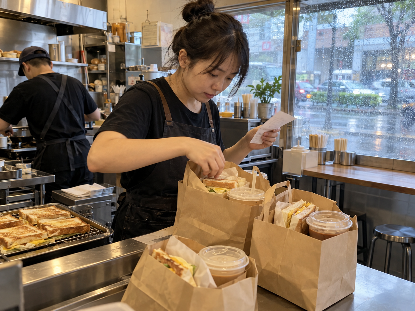 雨天早餐店員工在室內核對外帶訂單並包裝吐司和飲料