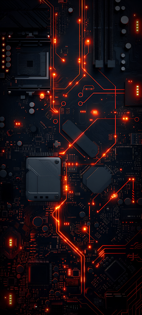 Dark Motherboard Circuitry Neon Orange Data Flow - Free mobile Wallpaper