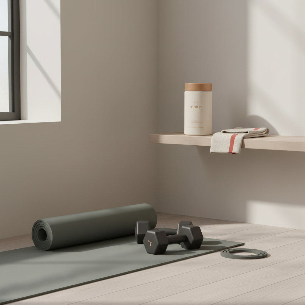 Minimalist home workout corner with rolled mat, dumbbells and Motus supplement on shelf, clean Tonum aesthetic — do planks burn belly fat