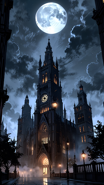Gothic Cathedral Lit Under Full Moon at Night - Free mobile Wallpaper