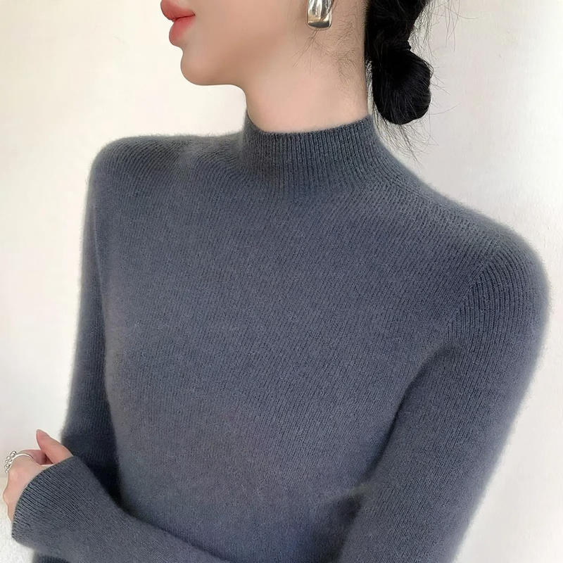 Women's wool knit sweater, stand-up collar, fitted