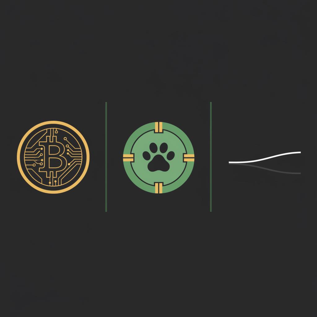 Minimalist 2D vector split illustration of a stylized bitcoin coin and a stylized dogecoin coin next to a muted S P 500 index line suggesting benchmarking across asset types most recent cryptocurrency news