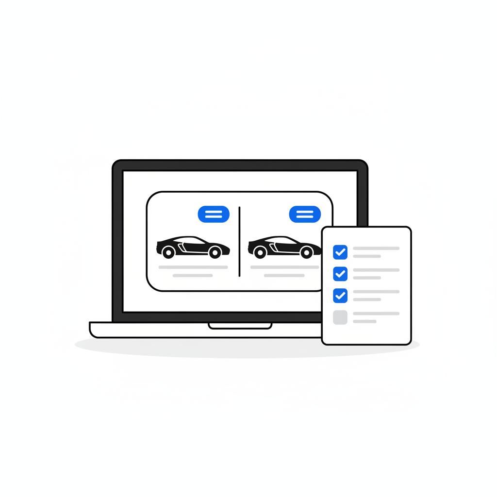 Minimalist 2D vector showing a laptop with two toyota supra for sale listings side by side with stylized price badges and a paper checklist in CarFax Deals colors