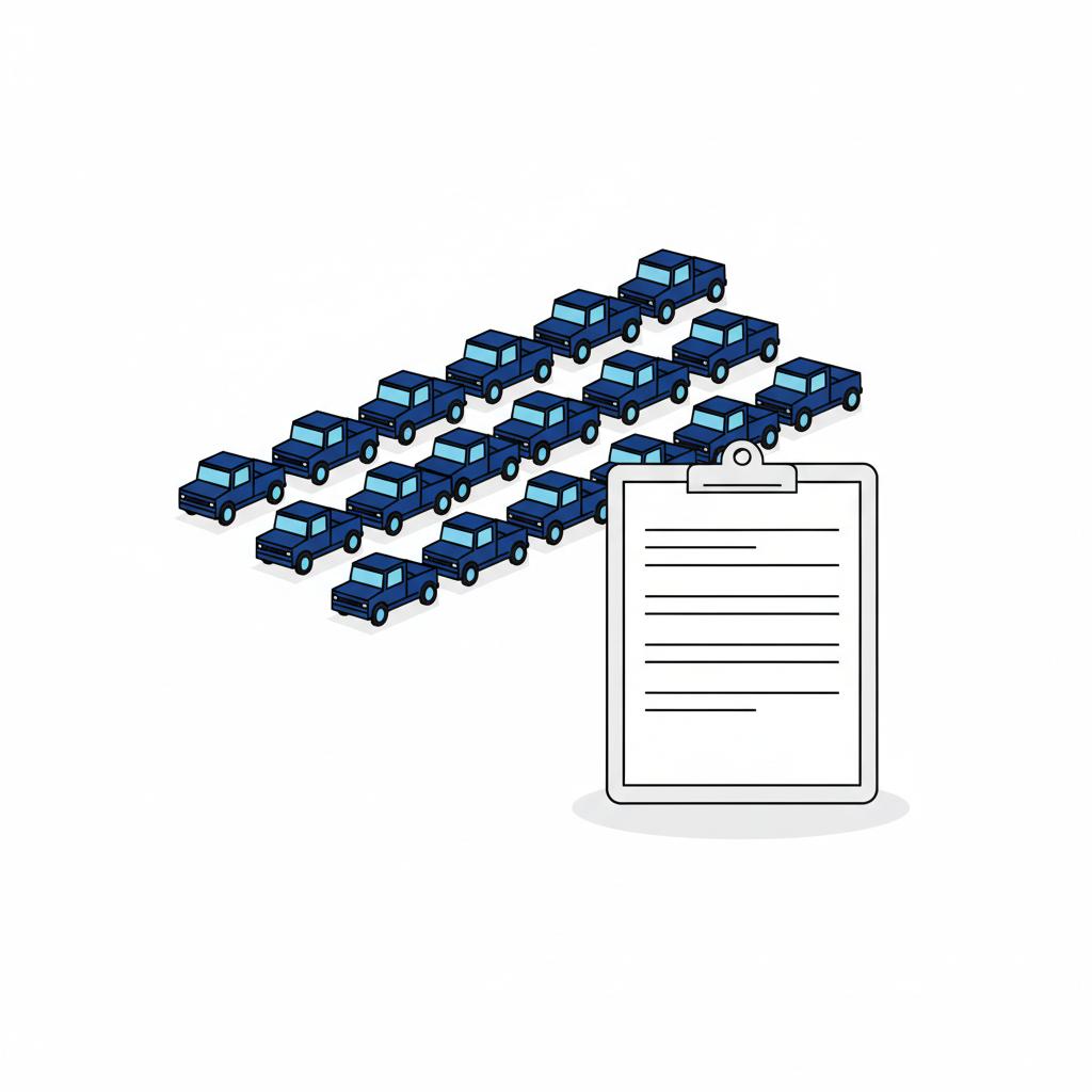 Minimalist 2D vector of an auction yard with rows of pickup trucks and a clipboard price sheet in CarFax Deals palette representing kelley blue book trucks