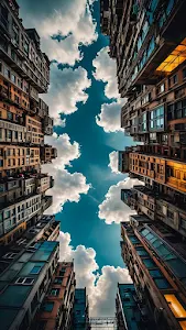 Urban Canyon View Looking Up at Sky and Clouds