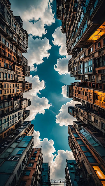 Urban Canyon View Looking Up at Sky and Clouds - Free mobile Wallpaper