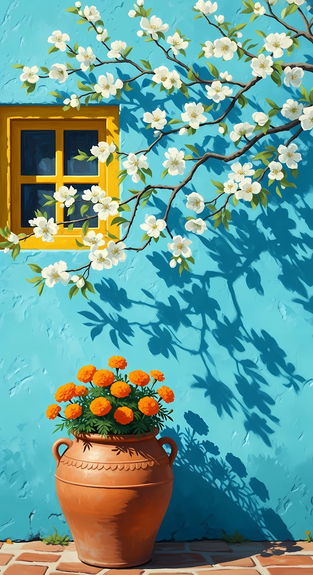 Sunny Courtyard Scene with White Flowers and Marigolds - Free 4K mobile Wallpaper