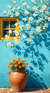 Sunny Courtyard Scene with White Flowers and Marigolds